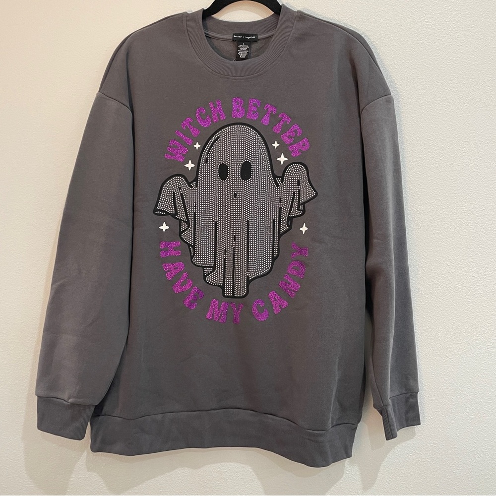 Better Together Witch Better Have My‎ Candy Ghost Rhinestone Sweatshirt Grey L
